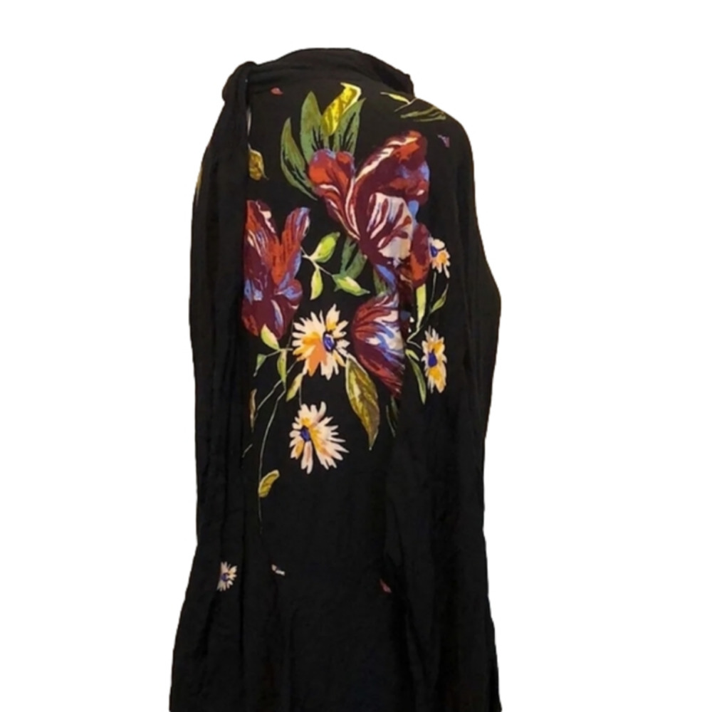 Free People Black Floral Mock Neck Open Back Tie Tunic Dress Long Sleeve M New - Picture 6 of 11
